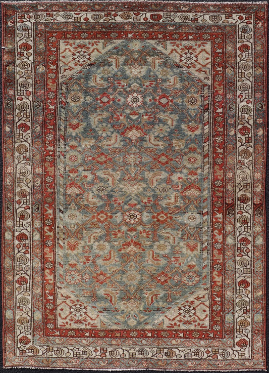 Measures: 3'9 x 5'7 Country of origin: Iran; Type: Malayer; Design: All - Over, Sub - Geometric, Floral Persian rug; Keivan Woven Arts; EMB - 22166 - 15061; Antique Persian Malayer Antique Persian Malayer with All - Over of Herati Design in Red and Blue. ... - Keivan Woven ArtsEMB - 22166 - 15061 - 20589Rug