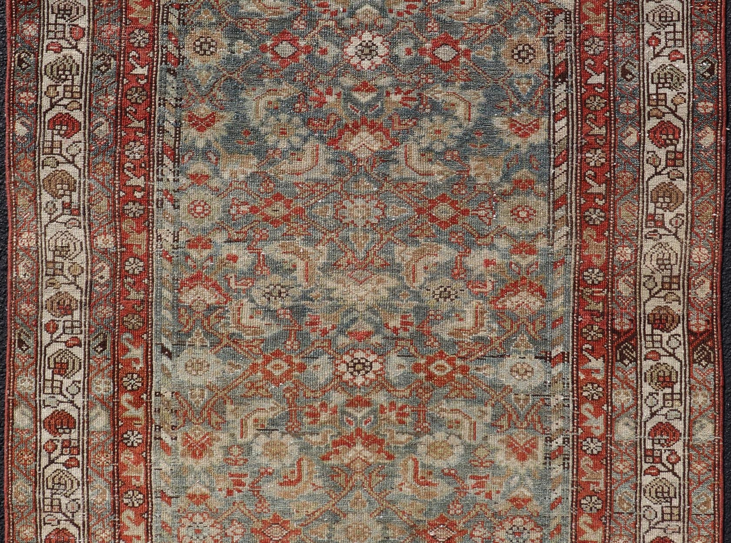 Measures: 3'9 x 5'7 Country of origin: Iran; Type: Malayer; Design: All - Over, Sub - Geometric, Floral Persian rug; Keivan Woven Arts; EMB - 22166 - 15061; Antique Persian Malayer Antique Persian Malayer with All - Over of Herati Design in Red and Blue. ... - Keivan Woven ArtsEMB - 22166 - 15061 - 20589