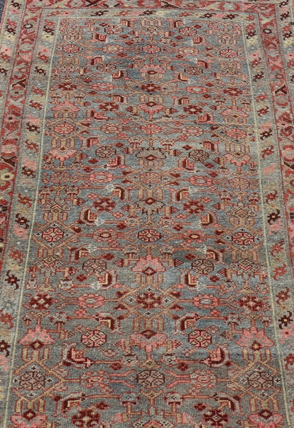 Measures: 3'2 x 6'3 Antique Persian Kurdish Rug in Blue, Green, Brown, and Soft Red. Keivan Woven Arts / rug EMB - 22168 - 15032, Keivan Woven Arts / country of origin / type: Iran / Kurdish, circa 1900. This antique distressed Kurdish tribal ru... - Keivan Woven ArtsEMB - 22168 - 15032 - 20433