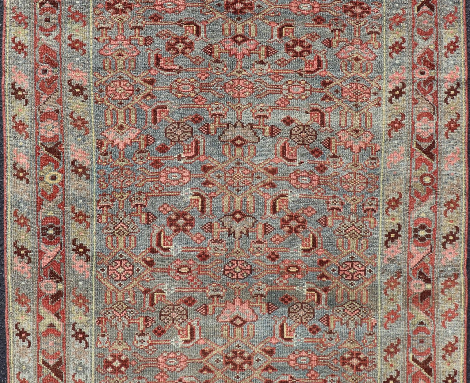 Measures: 3'2 x 6'3 Antique Persian Kurdish Rug in Blue, Green, Brown, and Soft Red. Keivan Woven Arts / rug EMB - 22168 - 15032, Keivan Woven Arts / country of origin / type: Iran / Kurdish, circa 1900. This antique distressed Kurdish tribal ru... - Keivan Woven ArtsEMB - 22168 - 15032 - 20433