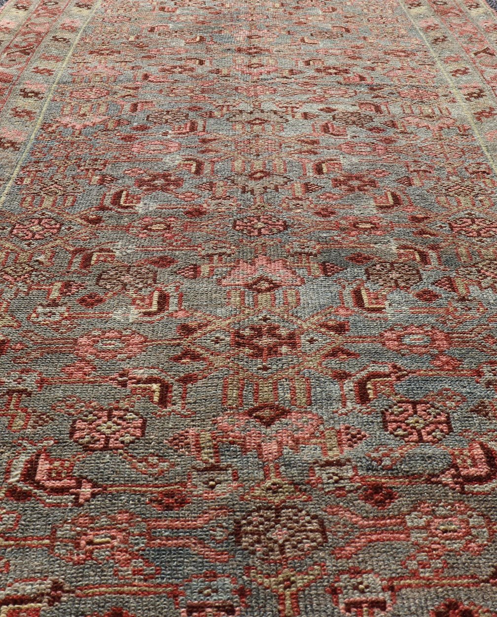 Measures: 3'2 x 6'3 Antique Persian Kurdish Rug in Blue, Green, Brown, and Soft Red. Keivan Woven Arts / rug EMB - 22168 - 15032, Keivan Woven Arts / country of origin / type: Iran / Kurdish, circa 1900. This antique distressed Kurdish tribal ru... - Keivan Woven ArtsEMB - 22168 - 15032 - 20433