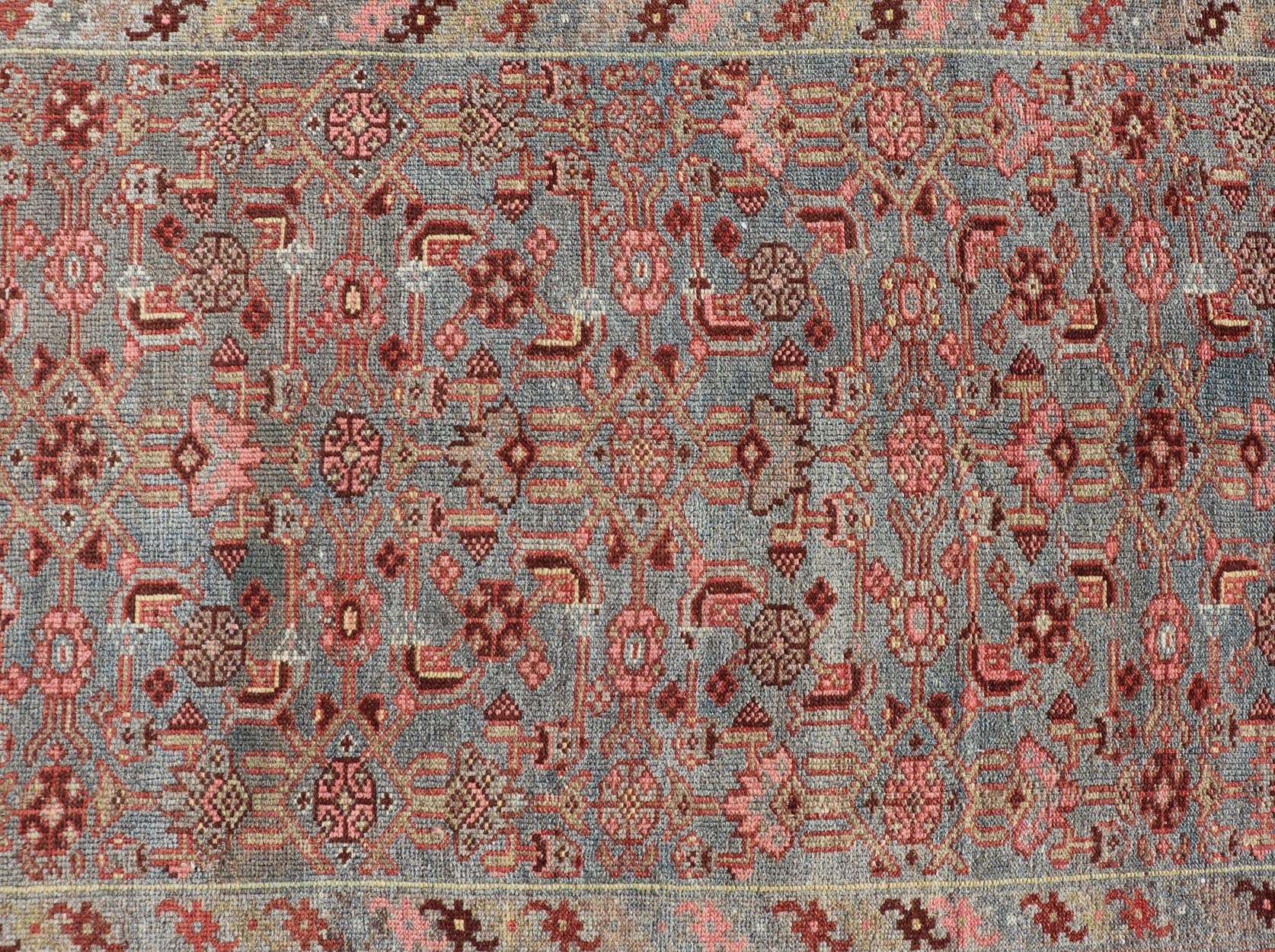Measures: 3'2 x 6'3 Antique Persian Kurdish Rug in Blue, Green, Brown, and Soft Red. Keivan Woven Arts / rug EMB - 22168 - 15032, Keivan Woven Arts / country of origin / type: Iran / Kurdish, circa 1900. This antique distressed Kurdish tribal ru... - Keivan Woven ArtsEMB - 22168 - 15032 - 20433