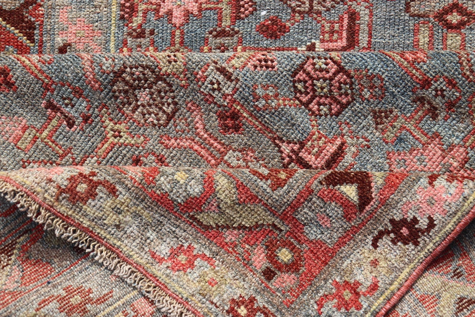 Measures: 3'2 x 6'3 Antique Persian Kurdish Rug in Blue, Green, Brown, and Soft Red. Keivan Woven Arts / rug EMB - 22168 - 15032, Keivan Woven Arts / country of origin / type: Iran / Kurdish, circa 1900. This antique distressed Kurdish tribal ru... - Keivan Woven ArtsEMB - 22168 - 15032 - 20433