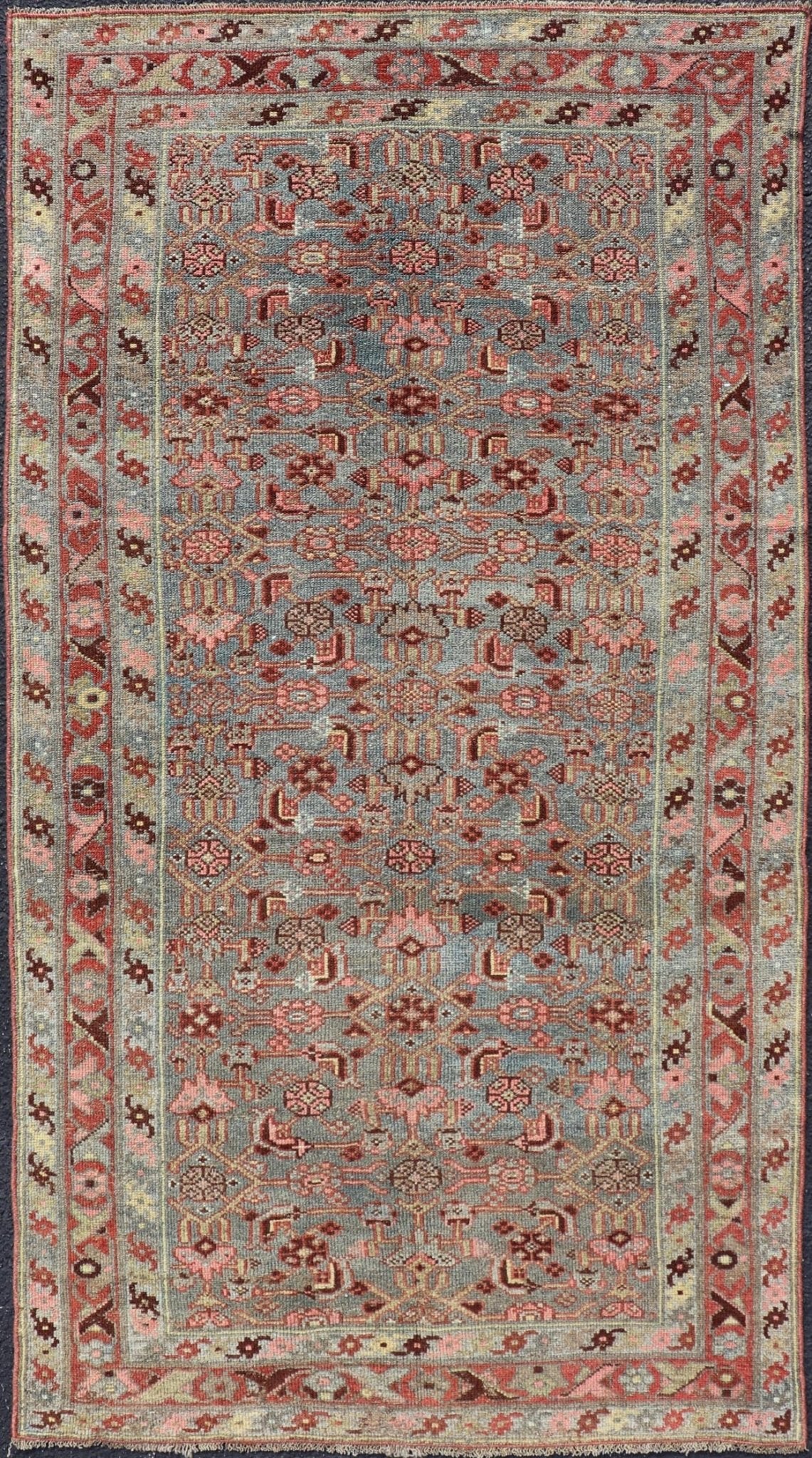 Measures: 3'2 x 6'3 Antique Persian Kurdish Rug in Blue, Green, Brown, and Soft Red. Keivan Woven Arts / rug EMB - 22168 - 15032, Keivan Woven Arts / country of origin / type: Iran / Kurdish, circa 1900. This antique distressed Kurdish tribal ru... - Keivan Woven ArtsEMB - 22168 - 15032 - 20433