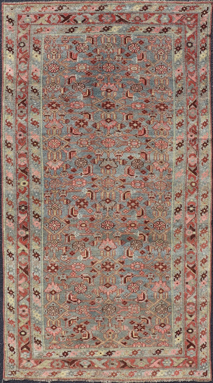 Measures: 3'2 x 6'3 Antique Persian Kurdish Rug in Blue, Green, Brown, and Soft Red. Keivan Woven Arts / rug EMB - 22168 - 15032, Keivan Woven Arts / country of origin / type: Iran / Kurdish, circa 1900. This antique distressed Kurdish tribal ru... - Keivan Woven ArtsEMB - 22168 - 15032 - 20433
