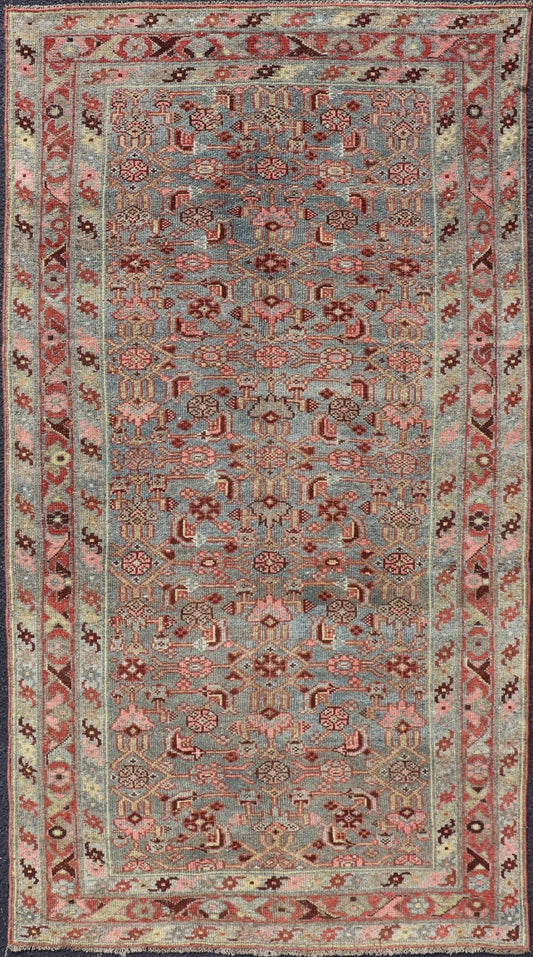 Measures: 3'2 x 6'3 Antique Persian Kurdish Rug in Blue, Green, Brown, and Soft Red. Keivan Woven Arts / rug EMB - 22168 - 15032, Keivan Woven Arts / country of origin / type: Iran / Kurdish, circa 1900. This antique distressed Kurdish tribal ru... - Keivan Woven ArtsEMB - 22168 - 15032 - 20433
