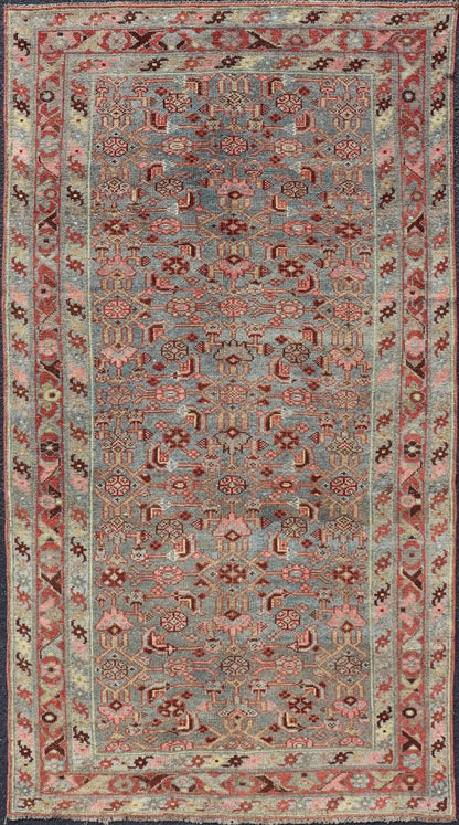 Measures: 3'2 x 6'3 Antique Persian Kurdish Rug in Blue, Green, Brown, and Soft Red. Keivan Woven Arts / rug EMB - 22168 - 15032, Keivan Woven Arts / country of origin / type: Iran / Kurdish, circa 1900. This antique distressed Kurdish tribal ru... - Keivan Woven ArtsEMB - 22168 - 15032 - 20433Rug