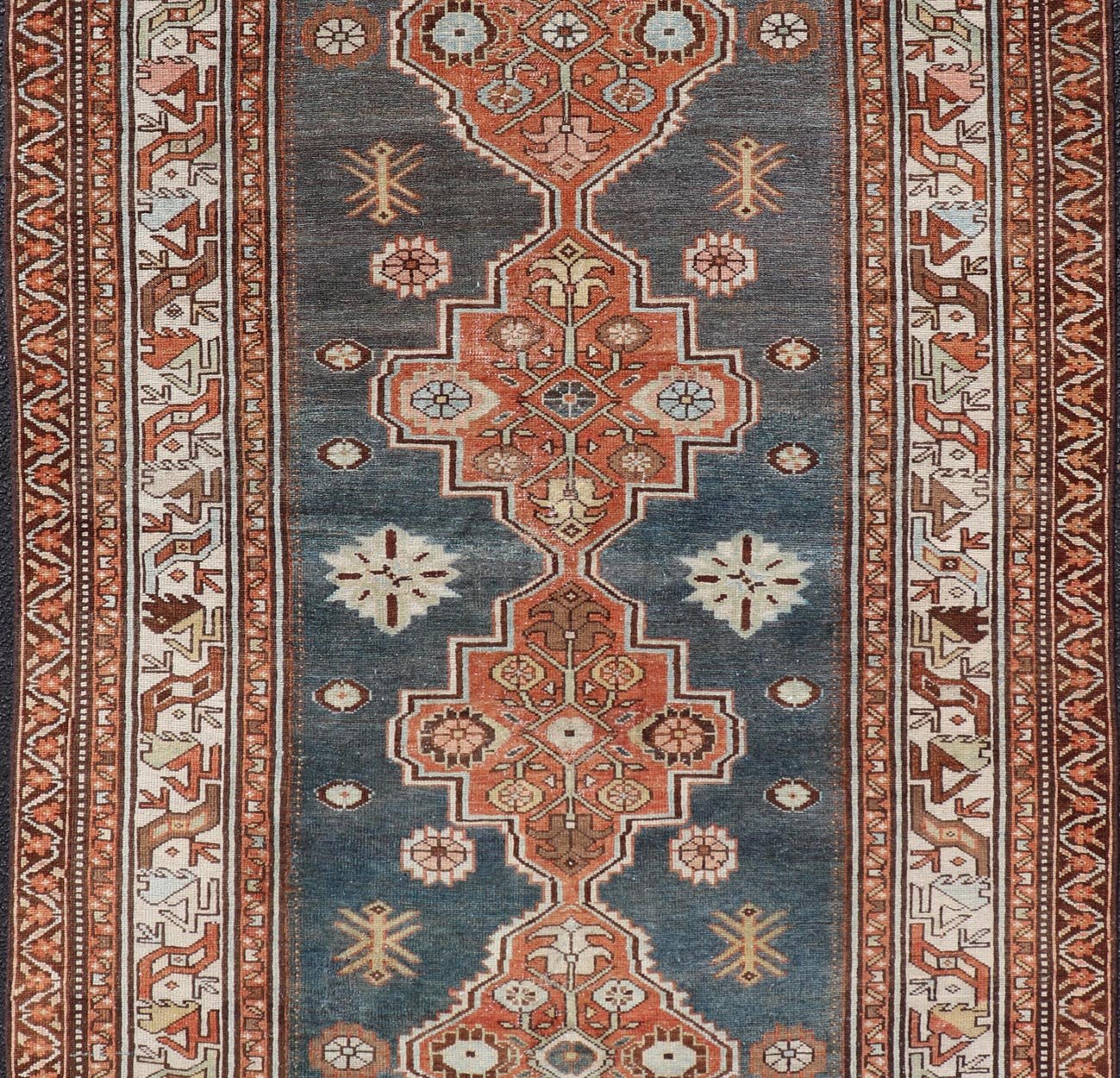 Antique Persian Hamadan Rug with Central Sub - Geometric Medallion In Blue - Gray. Keivan Woven Arts; rug EMB - 22170 - 15064; country of origin / type: Persian / Hamadan, circa 1920. Measures: 4'1 x 6'6 This antique Persian Hamadan rug features a layere... - Keivan Woven ArtsEMB - 22170 - 15064 - 20607