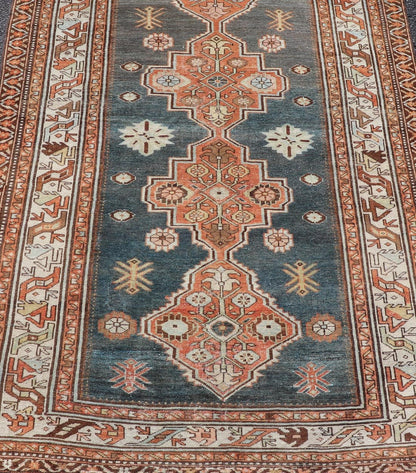 Antique Persian Hamadan Rug with Central Sub - Geometric Medallion In Blue - Gray. Keivan Woven Arts; rug EMB - 22170 - 15064; country of origin / type: Persian / Hamadan, circa 1920. Measures: 4'1 x 6'6 This antique Persian Hamadan rug features a layere... - Keivan Woven ArtsEMB - 22170 - 15064 - 20607