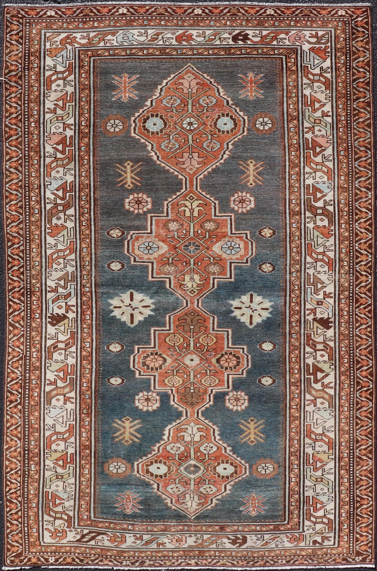 Antique Persian Hamadan Rug with Central Sub - Geometric Medallion In Blue - Gray. Keivan Woven Arts; rug EMB - 22170 - 15064; country of origin / type: Persian / Hamadan, circa 1920. Measures: 4'1 x 6'6 This antique Persian Hamadan rug features a layere... - Keivan Woven ArtsEMB - 22170 - 15064 - 20607