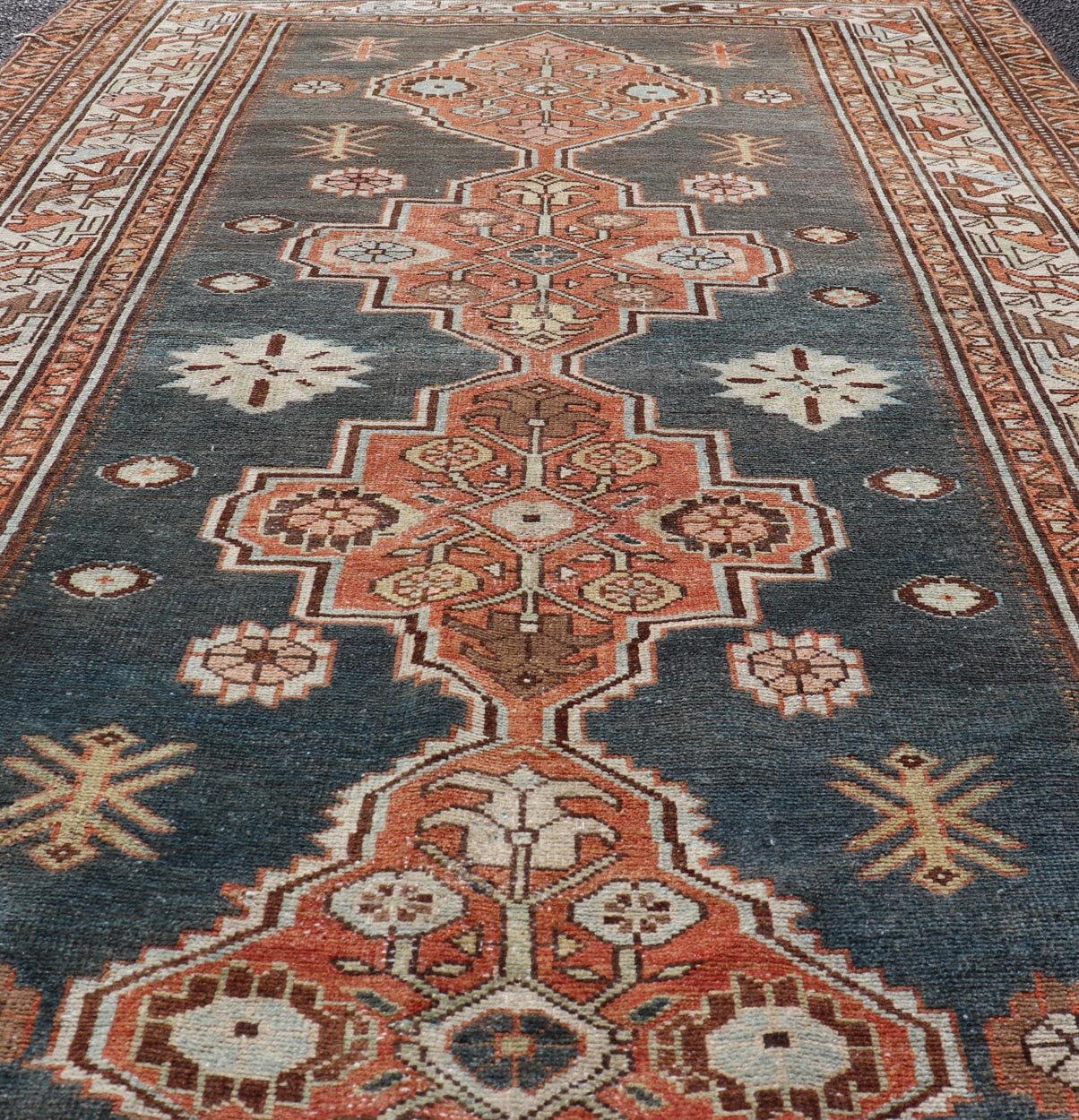 Antique Persian Hamadan Rug with Central Sub - Geometric Medallion In Blue - Gray. Keivan Woven Arts; rug EMB - 22170 - 15064; country of origin / type: Persian / Hamadan, circa 1920. Measures: 4'1 x 6'6 This antique Persian Hamadan rug features a layere... - Keivan Woven ArtsEMB - 22170 - 15064 - 20607