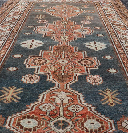 Antique Persian Hamadan Rug with Central Sub - Geometric Medallion In Blue - Gray. Keivan Woven Arts; rug EMB - 22170 - 15064; country of origin / type: Persian / Hamadan, circa 1920. Measures: 4'1 x 6'6 This antique Persian Hamadan rug features a layere... - Keivan Woven ArtsEMB - 22170 - 15064 - 20607