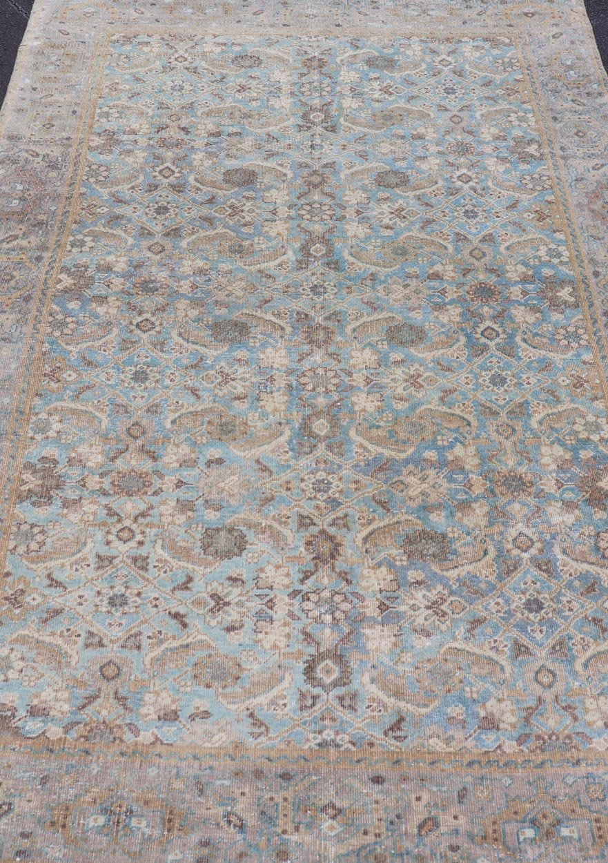 Antique Persian Sultanabad In Floral All - Over Design in Light Blue With Tan. Country of Origin: Iran; Type: Mahal; Design: All - Over, Medallion, floral motifs; Keivan Woven Arts: rug EMB - 22171 - 15053; Mahal Rug. Measures: 5'0 x 8'2 This antique Pe... - Keivan Woven ArtsEMB - 22171 - 15053 - 20553Rug