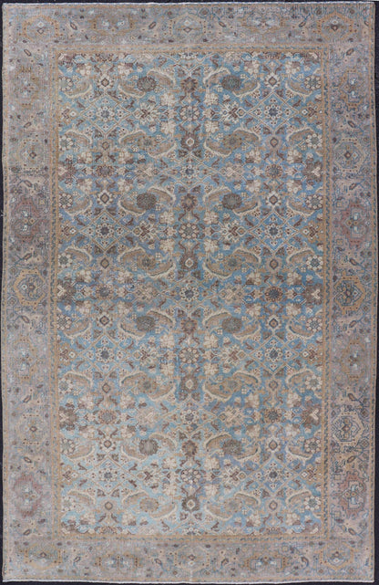Antique Persian Sultanabad In Floral All - Over Design in Light Blue With Tan. Country of Origin: Iran; Type: Mahal; Design: All - Over, Medallion, floral motifs; Keivan Woven Arts: rug EMB - 22171 - 15053; Mahal Rug. Measures: 5'0 x 8'2 This antique Pe... - Keivan Woven ArtsEMB - 22171 - 15053 - 20553Rug