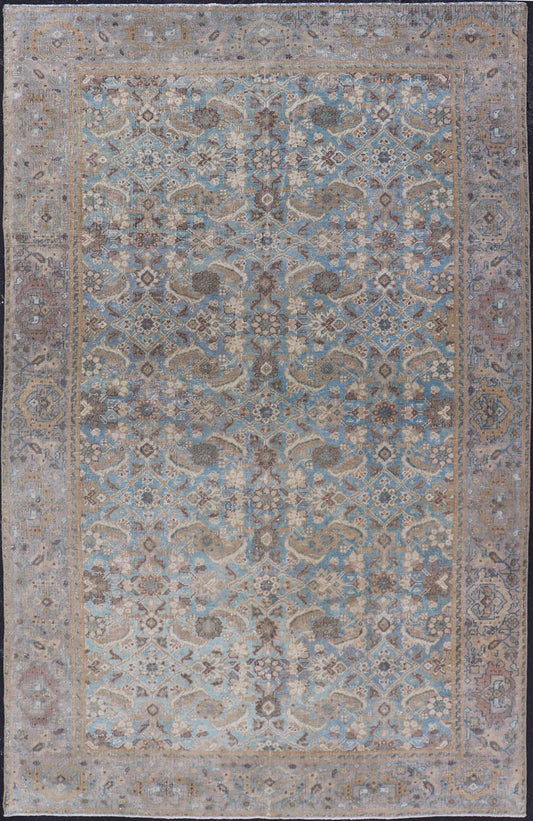 Antique Persian Sultanabad In Floral All - Over Design in Light Blue With Tan. Country of Origin: Iran; Type: Mahal; Design: All - Over, Medallion, floral motifs; Keivan Woven Arts: rug EMB - 22171 - 15053; Mahal Rug. Measures: 5'0 x 8'2 This antique Pe... - Keivan Woven ArtsEMB - 22171 - 15053 - 20553Rug