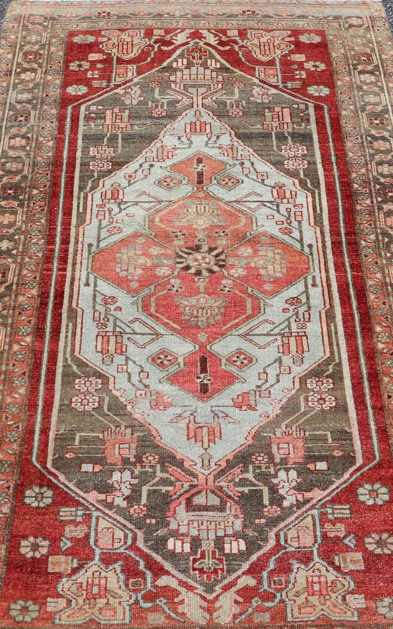 Antique Persian Hamadan Rug with Colorful Geometric Medallion. Keivan Woven Arts / rug EMB - 22173 - 15034, country of origin / type: Iran / Hamadan, circa 1920. Measures: 3'6 x 6'6 - Keivan Woven ArtsEMB - 22173 - 15034 - 20445Rug