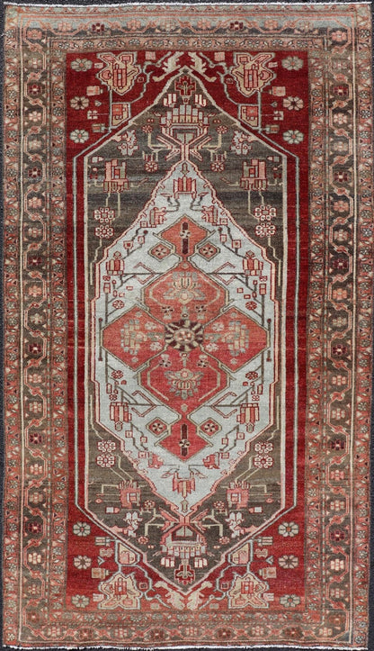 Antique Persian Hamadan Rug with Colorful Geometric Medallion. Keivan Woven Arts / rug EMB - 22173 - 15034, country of origin / type: Iran / Hamadan, circa 1920. Measures: 3'6 x 6'6 - Keivan Woven ArtsEMB - 22173 - 15034 - 20445Rug