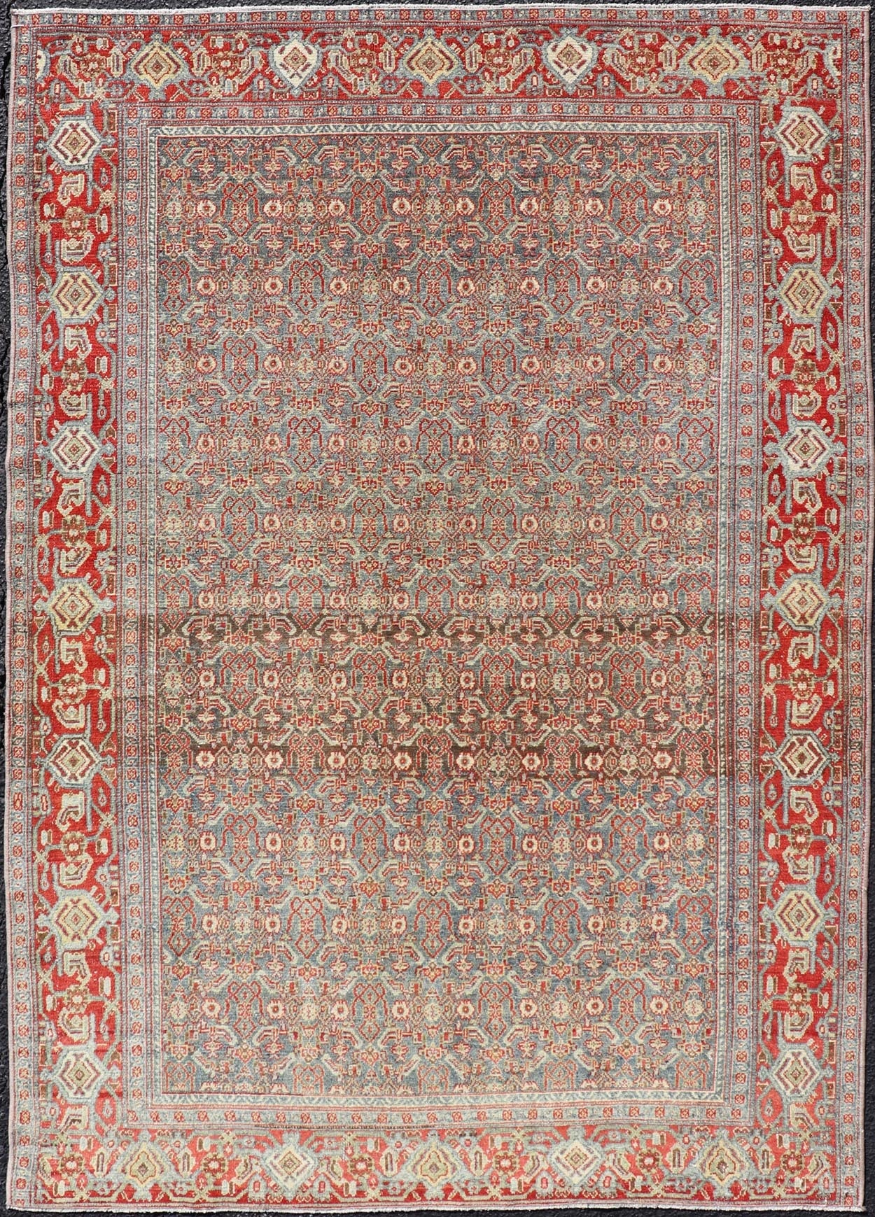 Measures: 4'2 x 6'2 Fine Antique Persian Senneh Rug with Herati Geometric Design in Background. Keivan Woven Arts / rug EMB - 22175 - 15035, country of origin / type: Iran / Senneh, circa 1910. This incredibly fine antique Persian Senneh rug was... - Keivan Woven ArtsEMB - 22175 - 15035 - 20451Rug
