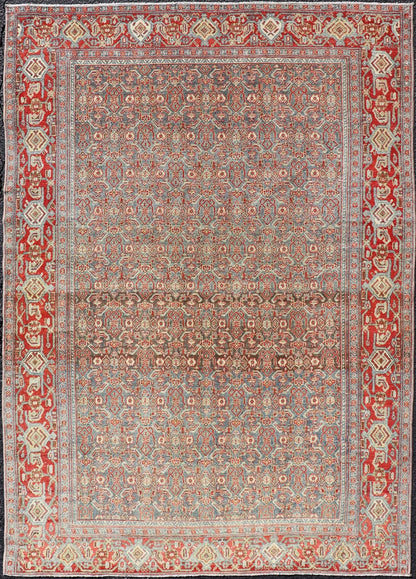 Measures: 4'2 x 6'2 Fine Antique Persian Senneh Rug with Herati Geometric Design in Background. Keivan Woven Arts / rug EMB - 22175 - 15035, country of origin / type: Iran / Senneh, circa 1910. This incredibly fine antique Persian Senneh rug was... - Keivan Woven ArtsEMB - 22175 - 15035 - 20451Rug