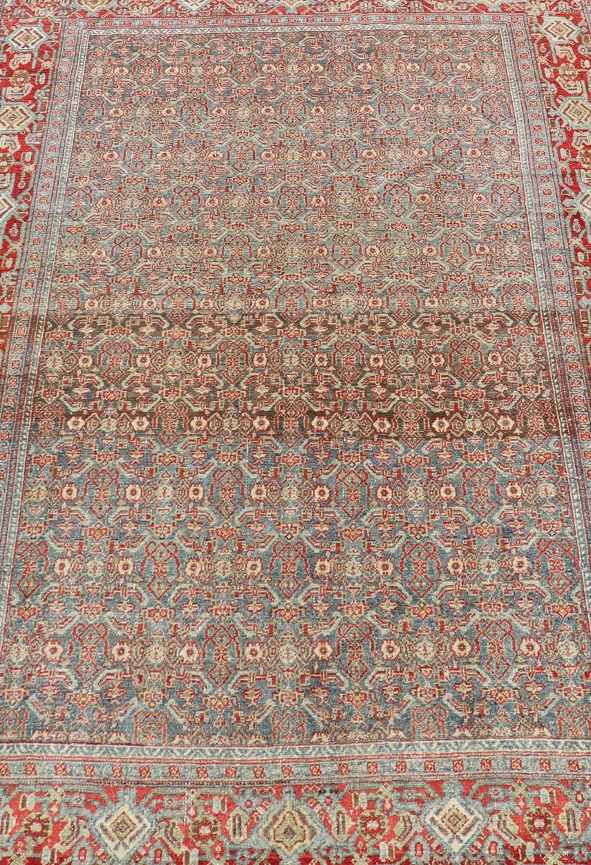 Measures: 4'2 x 6'2 Fine Antique Persian Senneh Rug with Herati Geometric Design in Background. Keivan Woven Arts / rug EMB - 22175 - 15035, country of origin / type: Iran / Senneh, circa 1910. This incredibly fine antique Persian Senneh rug was... - Keivan Woven ArtsEMB - 22175 - 15035 - 20451Rug