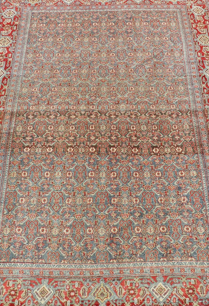 Measures: 4'2 x 6'2 Fine Antique Persian Senneh Rug with Herati Geometric Design in Background. Keivan Woven Arts / rug EMB - 22175 - 15035, country of origin / type: Iran / Senneh, circa 1910. This incredibly fine antique Persian Senneh rug was... - Keivan Woven ArtsEMB - 22175 - 15035 - 20451Rug