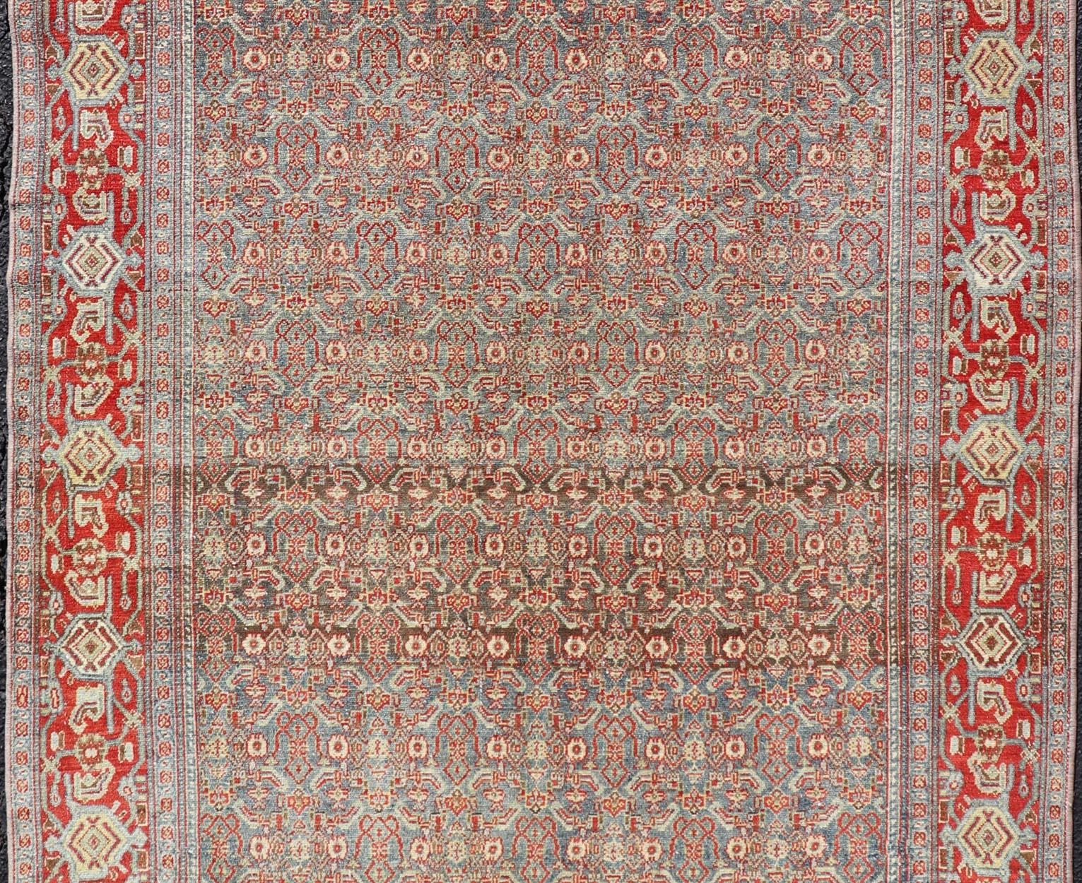Measures: 4'2 x 6'2 Fine Antique Persian Senneh Rug with Herati Geometric Design in Background. Keivan Woven Arts / rug EMB - 22175 - 15035, country of origin / type: Iran / Senneh, circa 1910. This incredibly fine antique Persian Senneh rug was... - Keivan Woven ArtsEMB - 22175 - 15035 - 20451