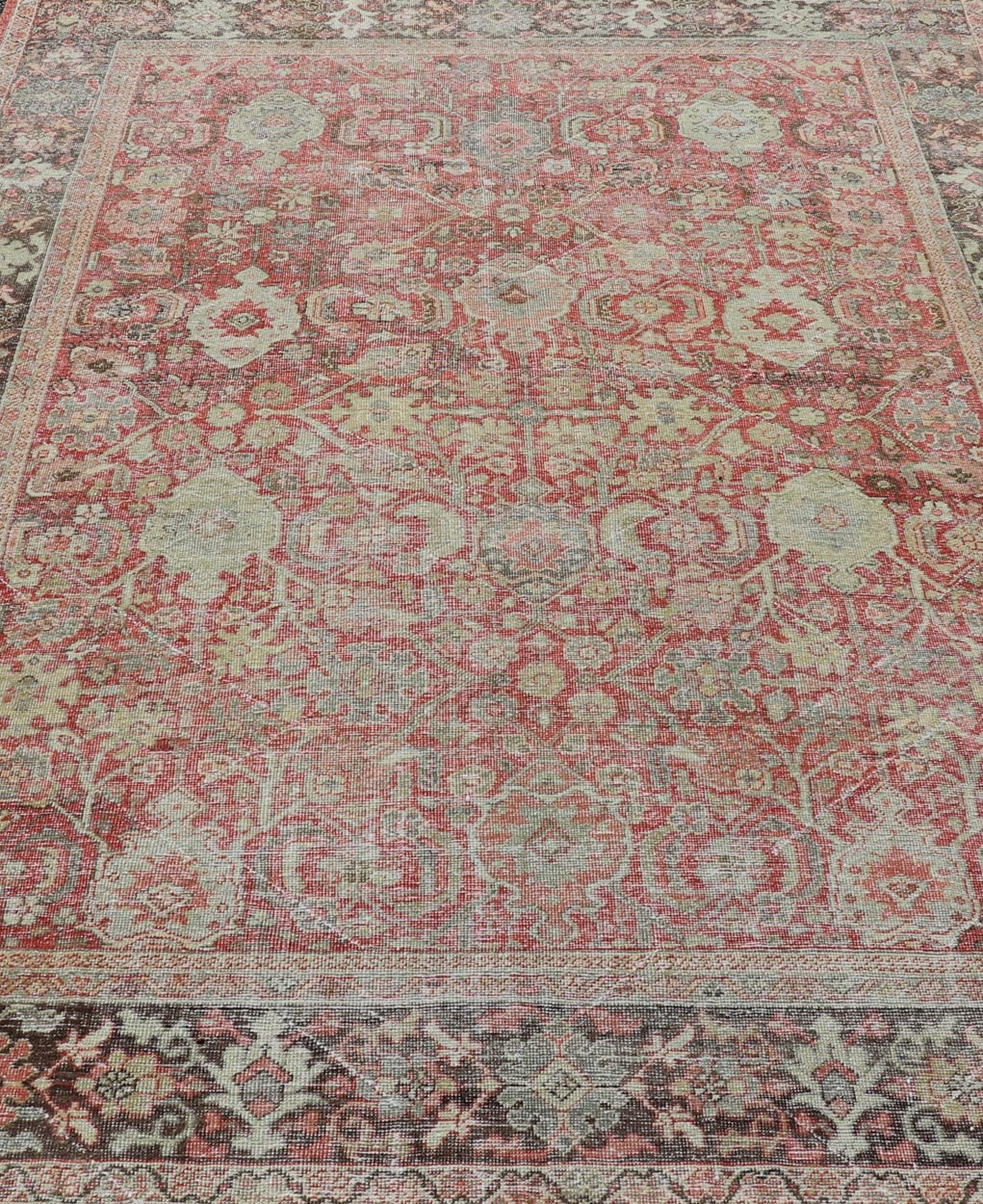 Measures: 7'2 x 10'0 Antique Persian Colorful Mahal Rug with All over Floral Design On A Red Field. Keivan Woven Arts; rug EMB - 22178 - 15030, country of origin / type: Iran / Mahal, circa 1930. This 1930 colorful antique Persian Sultanabad Mah... - Keivan Woven ArtsEMB - 22178 - 15030 - 20421Rug