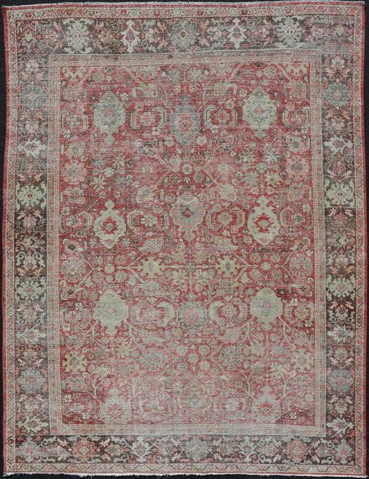 Measures: 7'2 x 10'0 Antique Persian Colorful Mahal Rug with All over Floral Design On A Red Field. Keivan Woven Arts; rug EMB - 22178 - 15030, country of origin / type: Iran / Mahal, circa 1930. This 1930 colorful antique Persian Sultanabad Mah... - Keivan Woven ArtsEMB - 22178 - 15030 - 20421Rug
