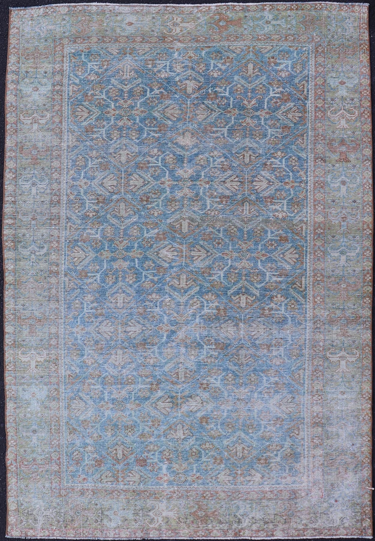Antique Persian Sultanabad Rug in Light Blue and Green With All - Over Design. Keivan Woven Arts / rug EMB - 22179 - 15043, country of origin / type: Iran / Sultanabad, circa 1910 Measures: 4'2 x 6'5 This beautiful distressed antique Persian Sultanab... - Keivan Woven ArtsEMB - 22179 - 15043 - 20493