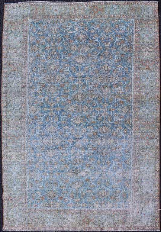 Antique Persian Sultanabad Rug in Light Blue and Green With All - Over Design. Keivan Woven Arts / rug EMB - 22179 - 15043, country of origin / type: Iran / Sultanabad, circa 1910 Measures: 4'2 x 6'5 This beautiful distressed antique Persian Sultanab... - Keivan Woven ArtsEMB - 22179 - 15043 - 20493