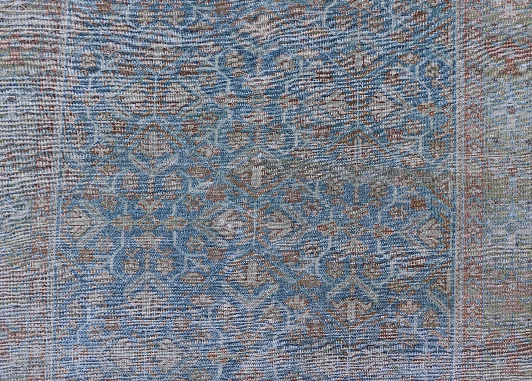 Antique Persian Sultanabad Rug in Light Blue and Green With All - Over Design. Keivan Woven Arts / rug EMB - 22179 - 15043, country of origin / type: Iran / Sultanabad, circa 1910 Measures: 4'2 x 6'5 This beautiful distressed antique Persian Sultanab... - Keivan Woven ArtsEMB - 22179 - 15043 - 20493