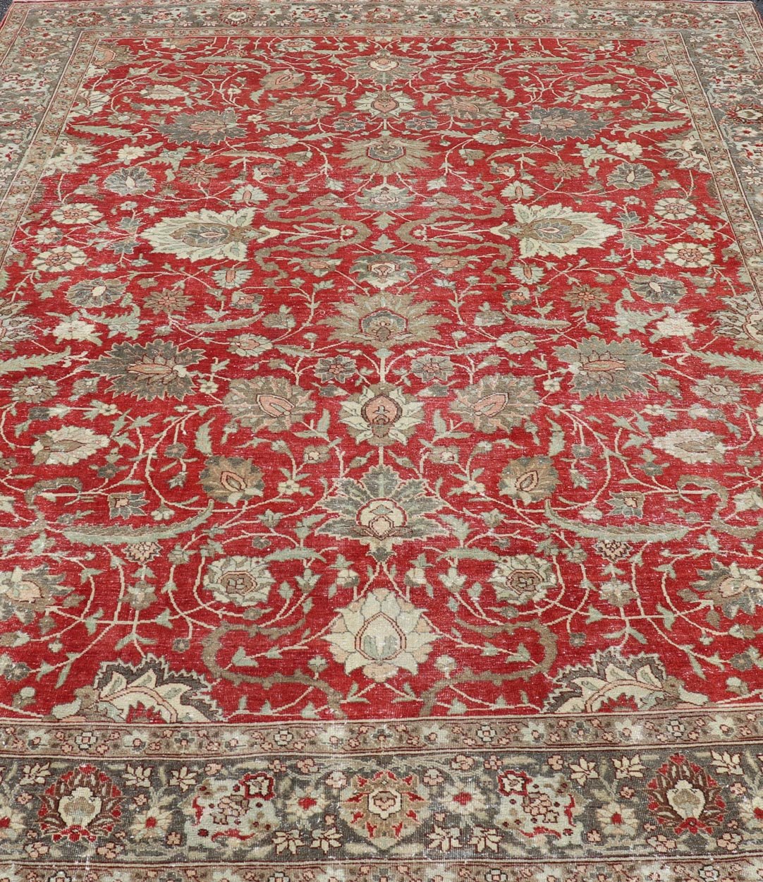 Antique Persian Fine Weave Tabriz in Red Background With Earth Tones. Keivan Woven Arts / rug / EMB - 22180 - 15106. Classic Persian rug, traditional Persian rug, traditional Tabriz. Early 20th Century. Measures: 8'5 x 11'8 This spectacular and col... - Keivan Woven ArtsEMB - 22180 - 15106 - 20806