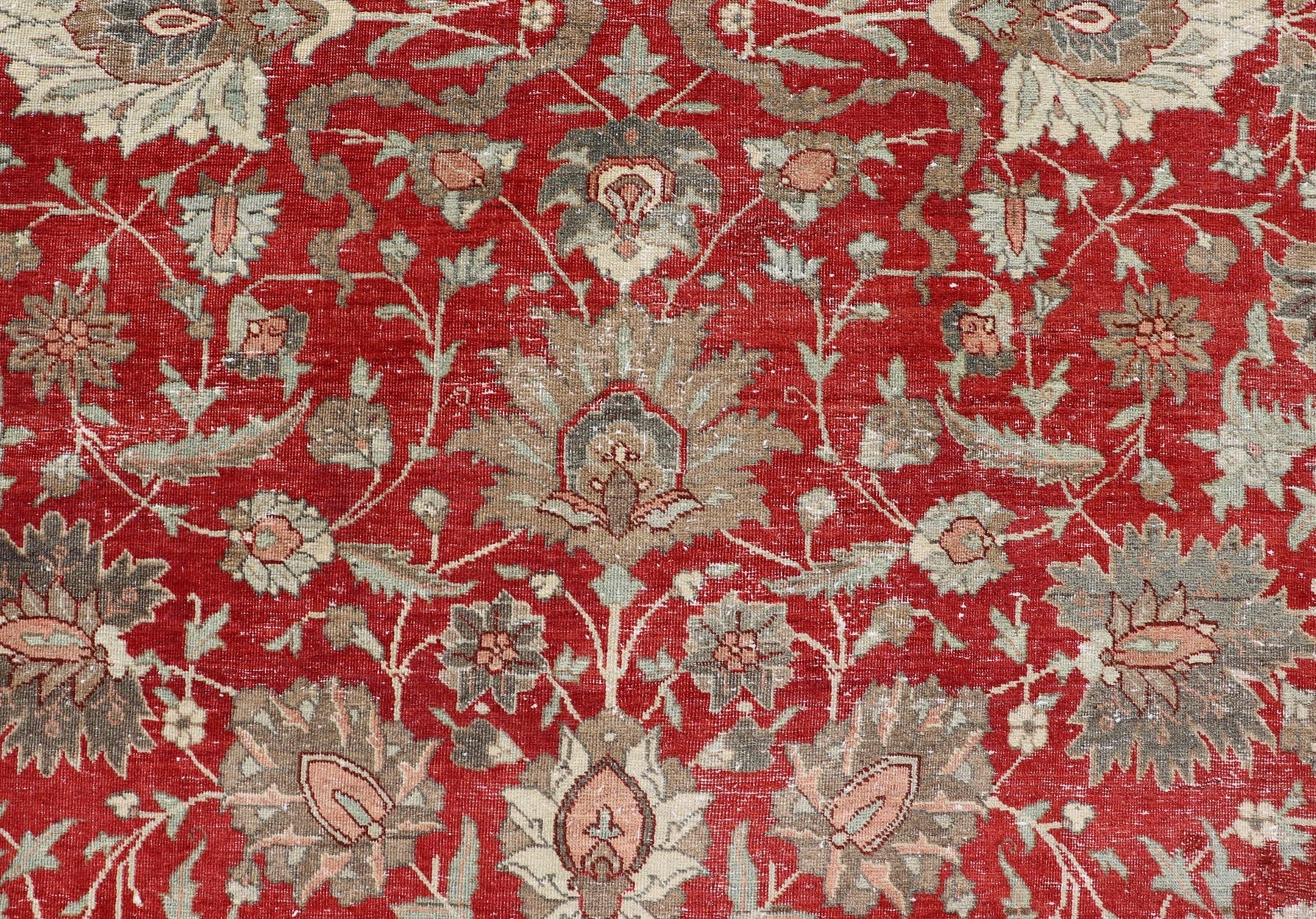 Antique Persian Fine Weave Tabriz in Red Background With Earth Tones. Keivan Woven Arts / rug / EMB - 22180 - 15106. Classic Persian rug, traditional Persian rug, traditional Tabriz. Early 20th Century. Measures: 8'5 x 11'8 This spectacular and col... - Keivan Woven ArtsEMB - 22180 - 15106 - 20806