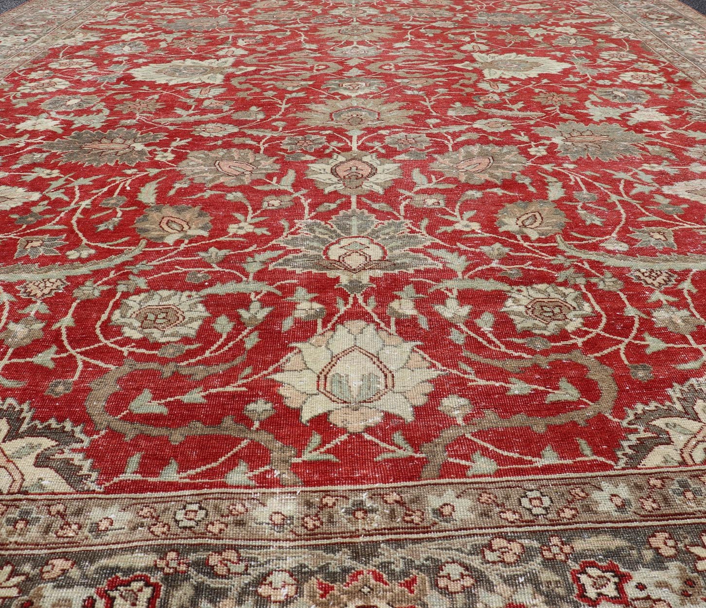 Antique Persian Fine Weave Tabriz in Red Background With Earth Tones. Keivan Woven Arts / rug / EMB - 22180 - 15106. Classic Persian rug, traditional Persian rug, traditional Tabriz. Early 20th Century. Measures: 8'5 x 11'8 This spectacular and col... - Keivan Woven ArtsEMB - 22180 - 15106 - 20806