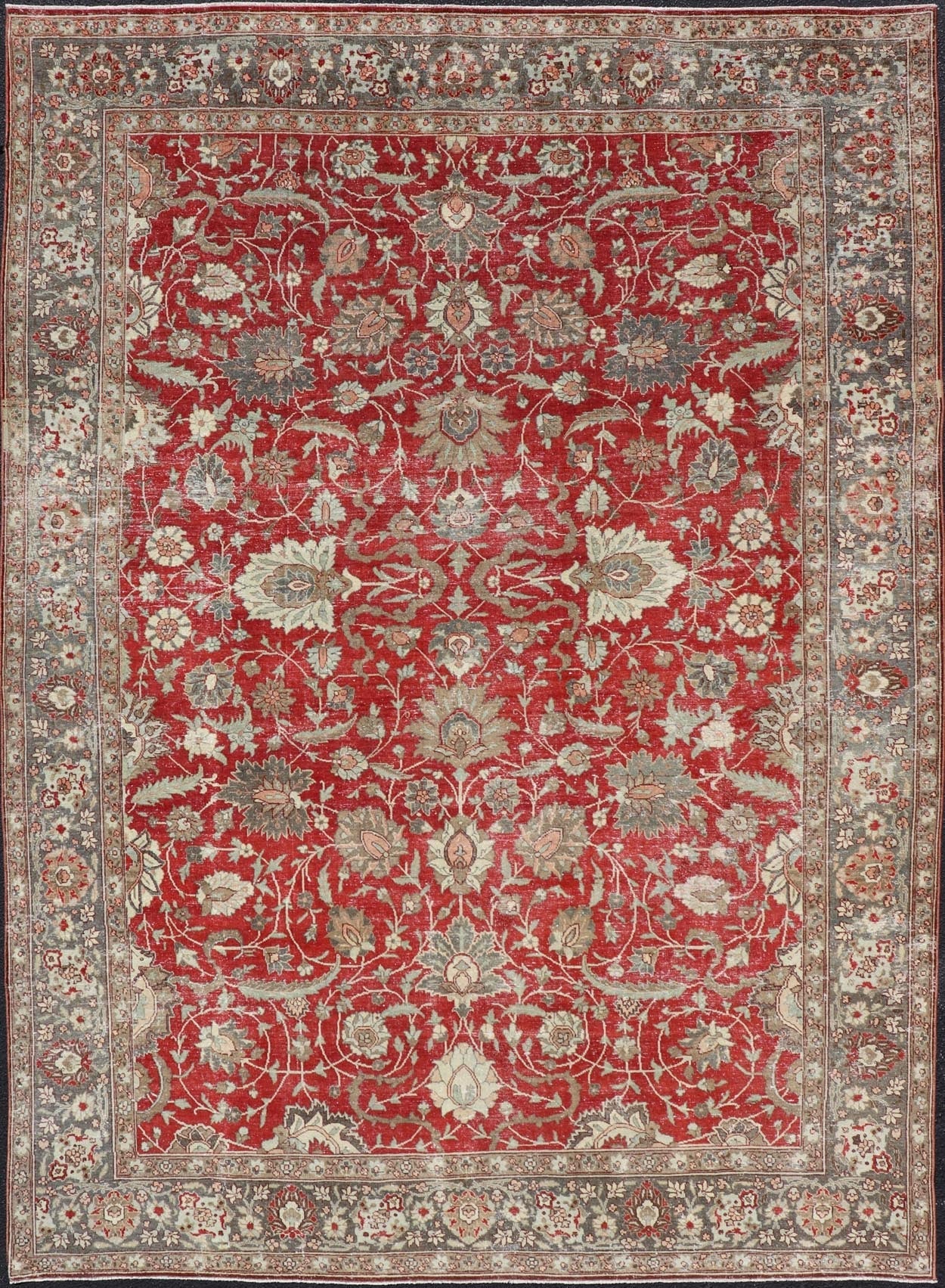Antique Persian Fine Weave Tabriz in Red Background With Earth Tones. Keivan Woven Arts / rug / EMB - 22180 - 15106. Classic Persian rug, traditional Persian rug, traditional Tabriz. Early 20th Century. Measures: 8'5 x 11'8 This spectacular and col... - Keivan Woven ArtsEMB - 22180 - 15106 - 20806