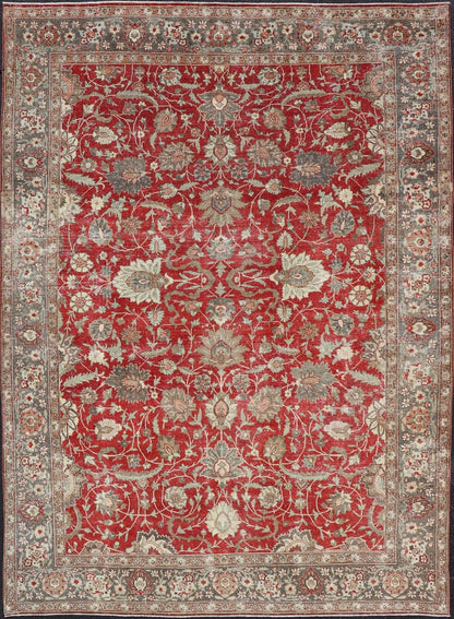 Antique Persian Fine Weave Tabriz in Red Background With Earth Tones. Keivan Woven Arts / rug / EMB - 22180 - 15106. Classic Persian rug, traditional Persian rug, traditional Tabriz. Early 20th Century. Measures: 8'5 x 11'8 This spectacular and col... - Keivan Woven ArtsEMB - 22180 - 15106 - 20806