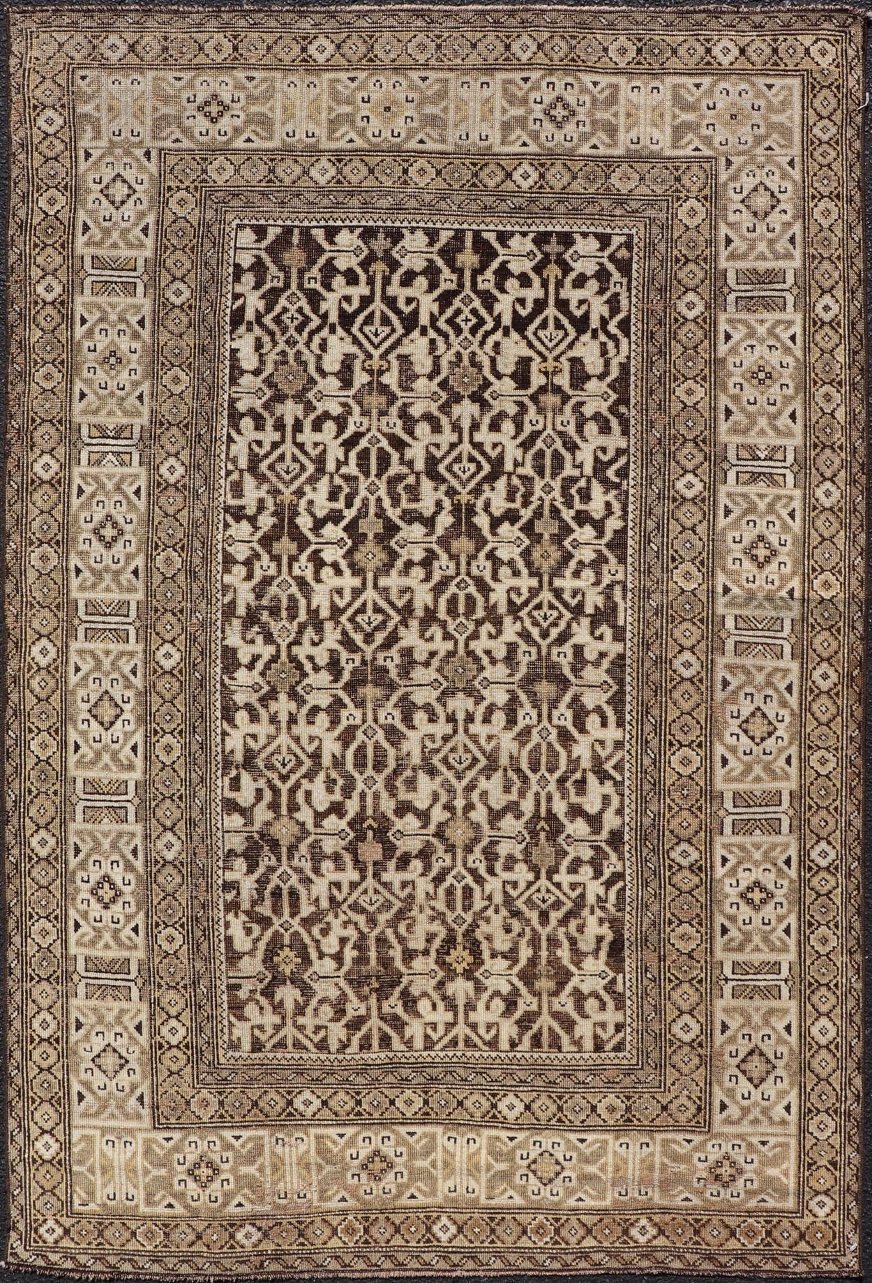 Antique Wool Hand Knotted Caucasian Kazak Rug in Dark Brown Background. Keivan Woven Arts / rug/EMB - 22184 - 15065 Late 19th Century, Kazak rug. Measures: 3'9 x 5'8 This late 19th century antique Caucasian Kazak rug displays a superb Caucasian arab... - Keivan Woven ArtsEMB - 22184 - 15065 - 20613
