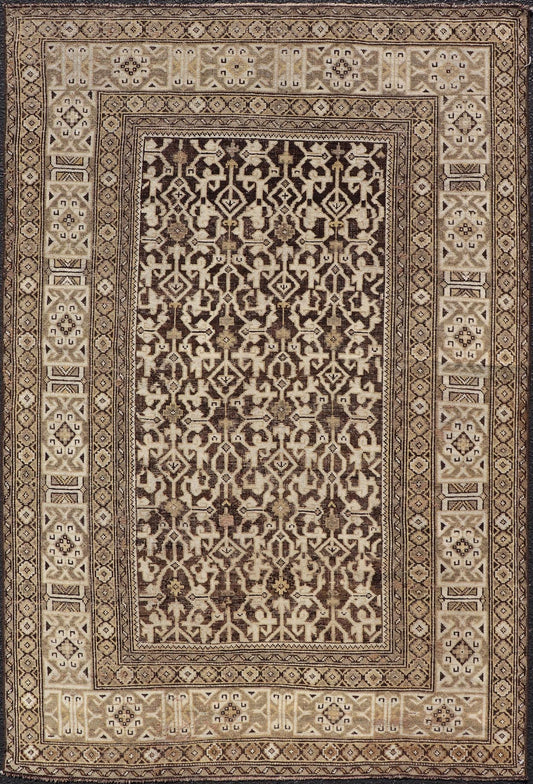 Antique Wool Hand Knotted Caucasian Kazak Rug in Dark Brown Background. Keivan Woven Arts / rug/EMB - 22184 - 15065 Late 19th Century, Kazak rug. Measures: 3'9 x 5'8 This late 19th century antique Caucasian Kazak rug displays a superb Caucasian arab... - Keivan Woven ArtsEMB - 22184 - 15065 - 20613