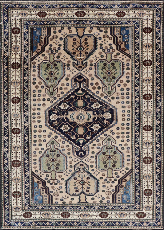 Antique Caucasian Shirvan Rug in Blue, Green, and Cream with Tribal Design. Keivan Woven Arts / rug EMB - 22186 - 15067, country of origin / type: Caucasus / Kazak, circa late - 19th Century. Measures: 4'8 x 6'8 The field of this Caucasian piece featu... - Keivan Woven ArtsEMB - 22186 - 15067 - 20625