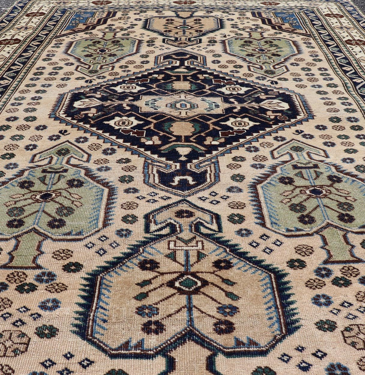 Antique Caucasian Shirvan Rug in Blue, Green, and Cream with Tribal Design. Keivan Woven Arts / rug EMB - 22186 - 15067, country of origin / type: Caucasus / Kazak, circa late - 19th Century. Measures: 4'8 x 6'8 The field of this Caucasian piece featu... - Keivan Woven ArtsEMB - 22186 - 15067 - 20625
