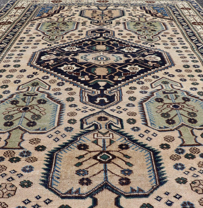 Antique Caucasian Shirvan Rug in Blue, Green, and Cream with Tribal Design. Keivan Woven Arts / rug EMB - 22186 - 15067, country of origin / type: Caucasus / Kazak, circa late - 19th Century. Measures: 4'8 x 6'8 The field of this Caucasian piece featu... - Keivan Woven ArtsEMB - 22186 - 15067 - 20625