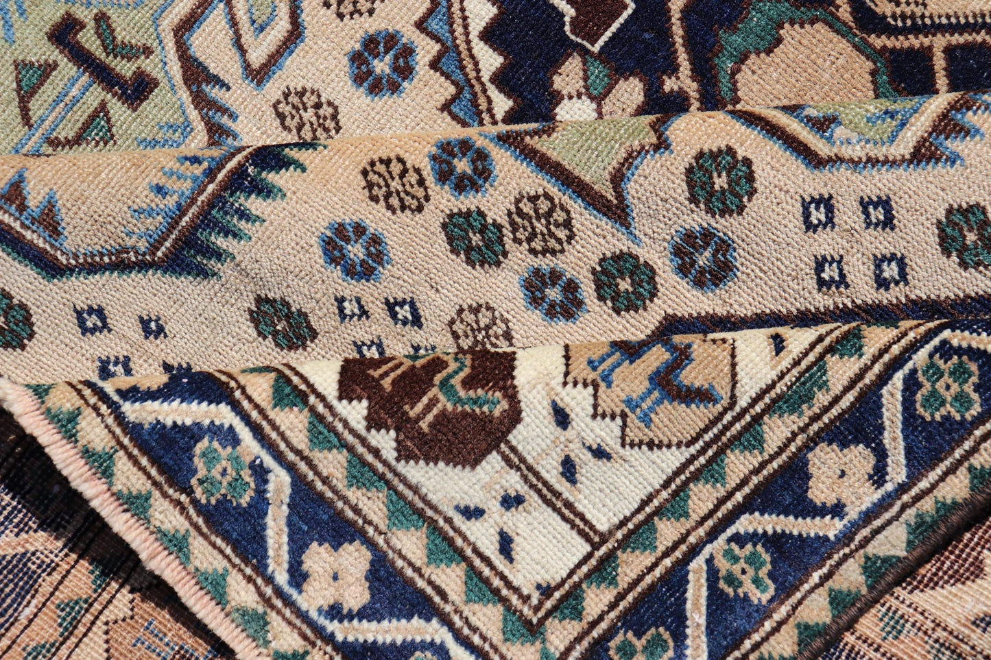 Antique Caucasian Shirvan Rug in Blue, Green, and Cream with Tribal Design. Keivan Woven Arts / rug EMB - 22186 - 15067, country of origin / type: Caucasus / Kazak, circa late - 19th Century. Measures: 4'8 x 6'8 The field of this Caucasian piece featu... - Keivan Woven ArtsEMB - 22186 - 15067 - 20625