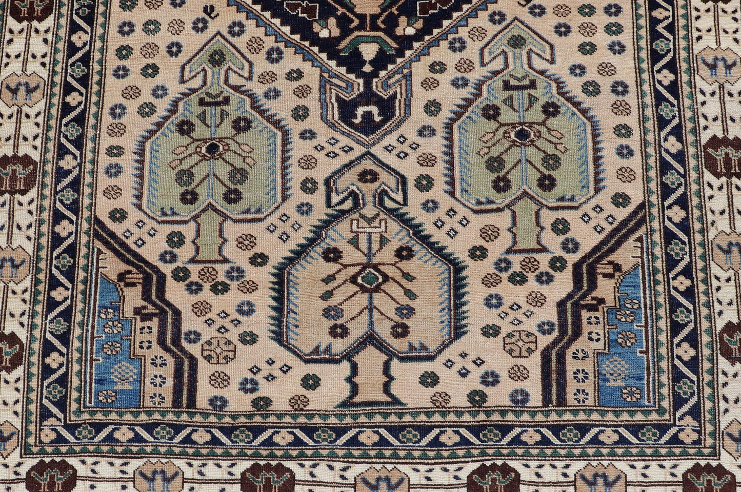 Antique Caucasian Shirvan Rug in Blue, Green, and Cream with Tribal Design. Keivan Woven Arts / rug EMB - 22186 - 15067, country of origin / type: Caucasus / Kazak, circa late - 19th Century. Measures: 4'8 x 6'8 The field of this Caucasian piece featu... - Keivan Woven ArtsEMB - 22186 - 15067 - 20625