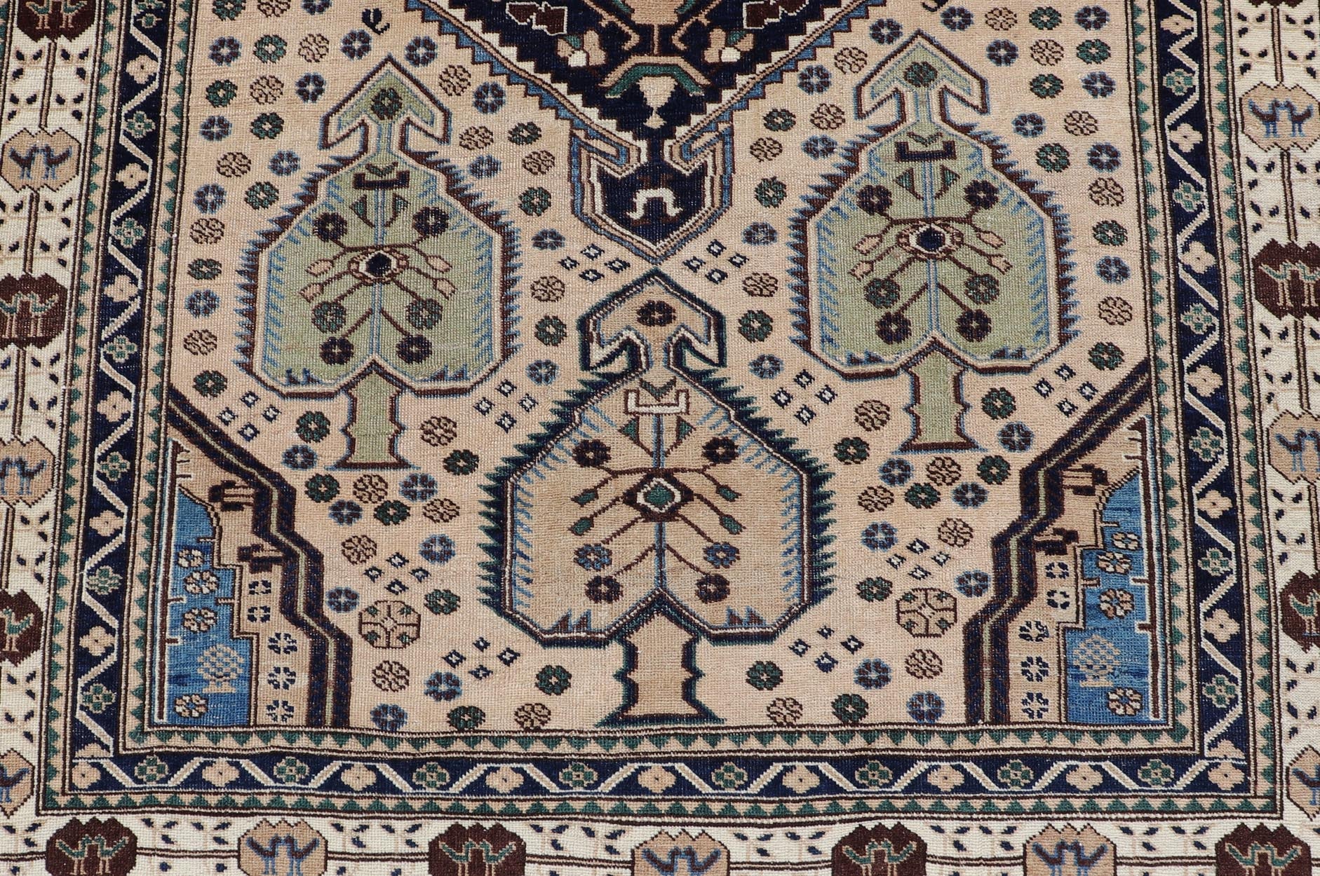 Antique Caucasian Shirvan Rug in Blue, Green, and Cream with Tribal Design. Keivan Woven Arts / rug EMB - 22186 - 15067, country of origin / type: Caucasus / Kazak, circa late - 19th Century. Measures: 4'8 x 6'8 The field of this Caucasian piece featu... - Keivan Woven ArtsEMB - 22186 - 15067 - 20625