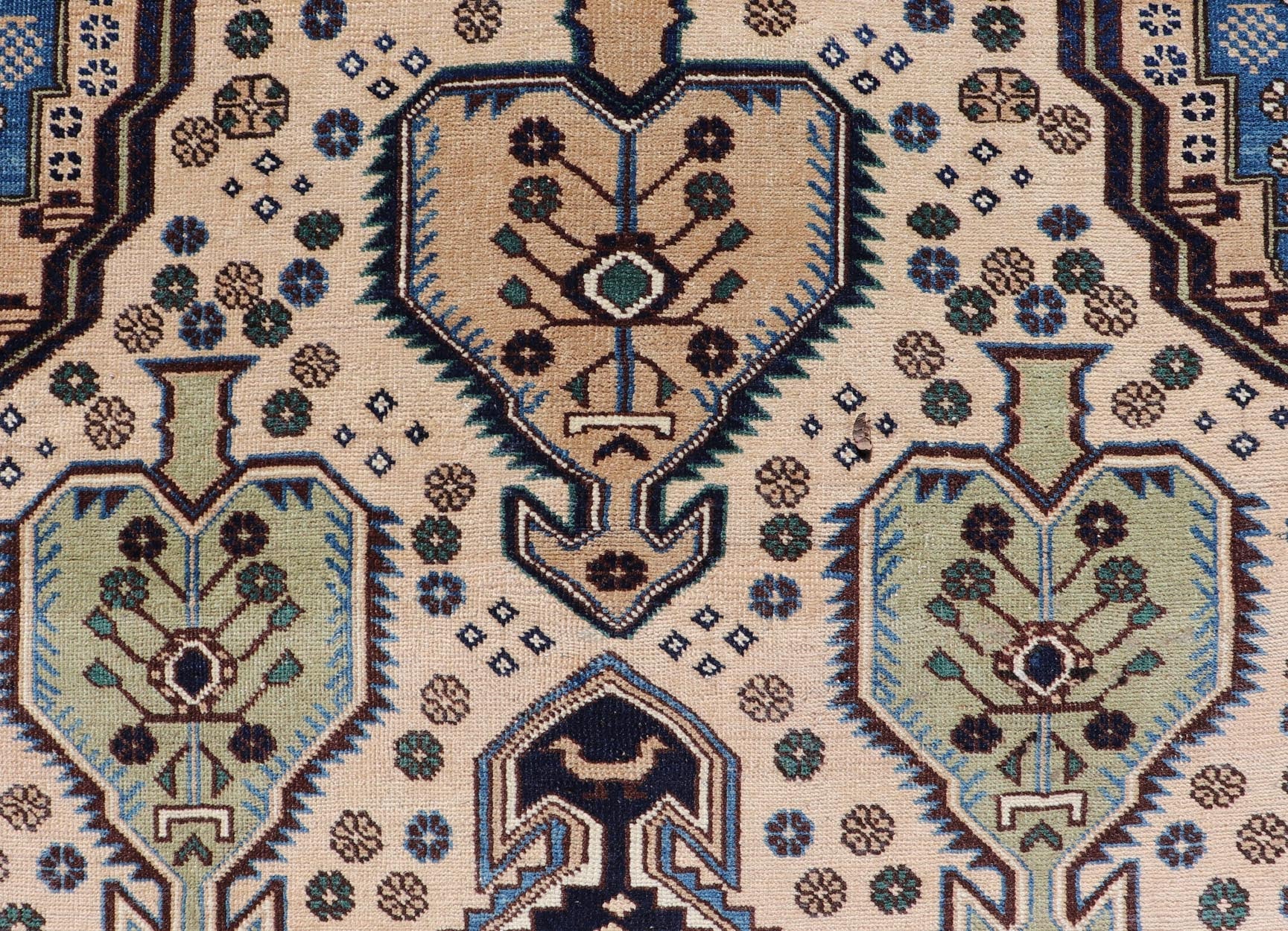 Antique Caucasian Shirvan Rug in Blue, Green, and Cream with Tribal Design. Keivan Woven Arts / rug EMB - 22186 - 15067, country of origin / type: Caucasus / Kazak, circa late - 19th Century. Measures: 4'8 x 6'8 The field of this Caucasian piece featu... - Keivan Woven ArtsEMB - 22186 - 15067 - 20625