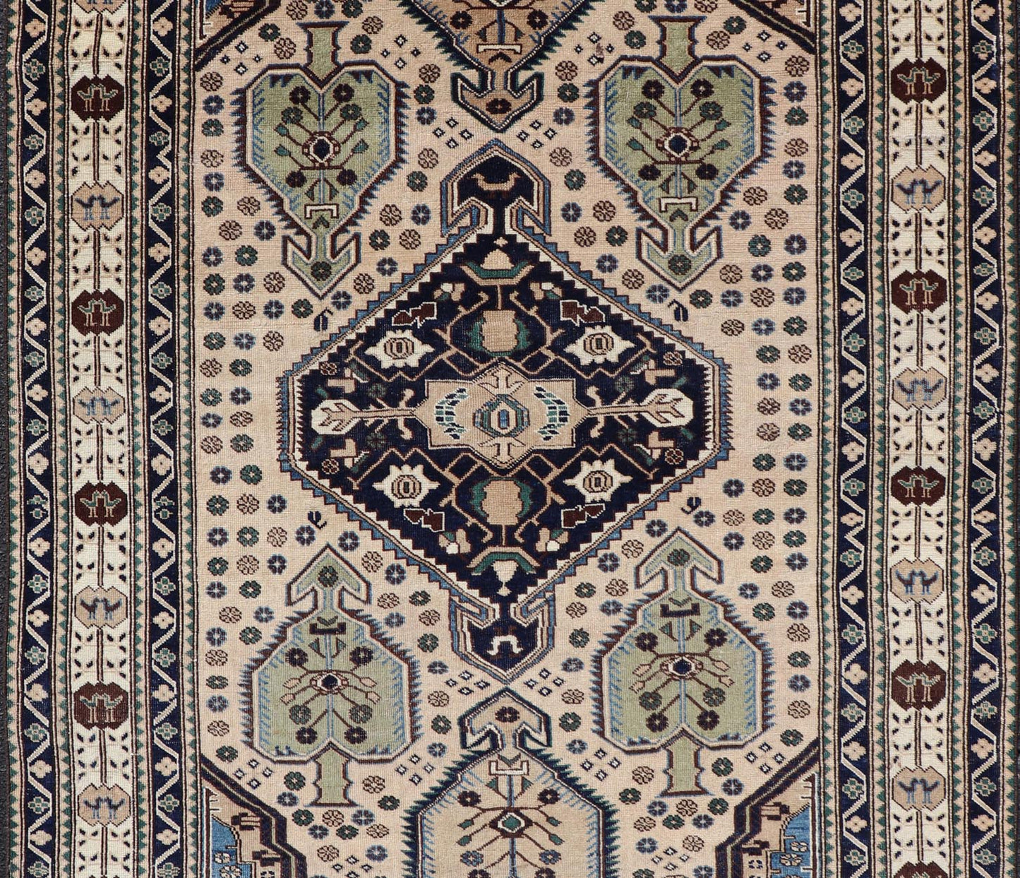 Antique Caucasian Shirvan Rug in Blue, Green, and Cream with Tribal Design. Keivan Woven Arts / rug EMB - 22186 - 15067, country of origin / type: Caucasus / Kazak, circa late - 19th Century. Measures: 4'8 x 6'8 The field of this Caucasian piece featu... - Keivan Woven ArtsEMB - 22186 - 15067 - 20625