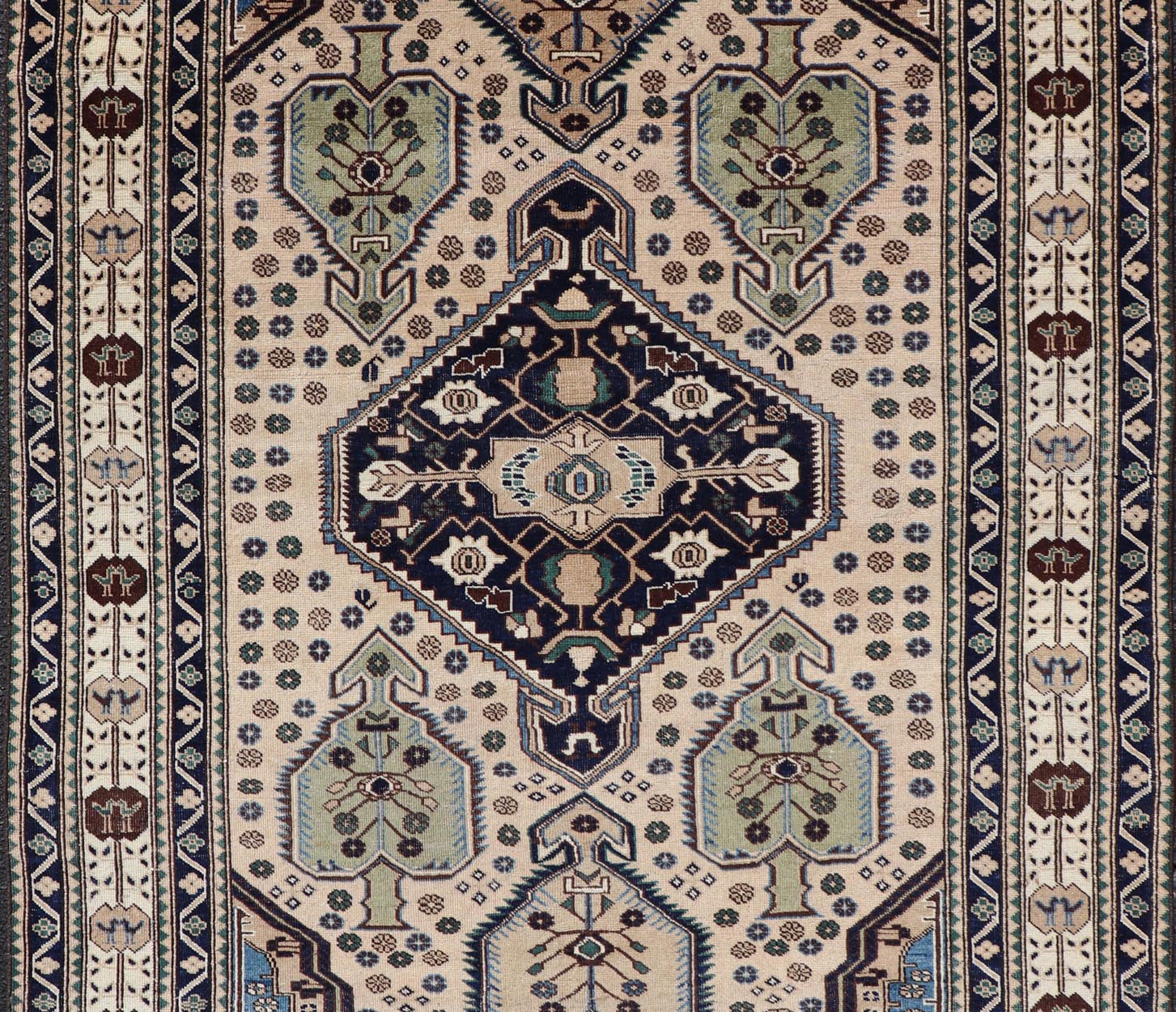 Antique Caucasian Shirvan Rug in Blue, Green, and Cream with Tribal Design. Keivan Woven Arts / rug EMB - 22186 - 15067, country of origin / type: Caucasus / Kazak, circa late - 19th Century. Measures: 4'8 x 6'8 The field of this Caucasian piece featu... - Keivan Woven ArtsEMB - 22186 - 15067 - 20625