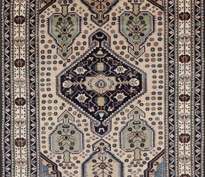Antique Caucasian Shirvan Rug in Blue, Green, and Cream with Tribal Design. Keivan Woven Arts / rug EMB - 22186 - 15067, country of origin / type: Caucasus / Kazak, circa late - 19th Century. Measures: 4'8 x 6'8 The field of this Caucasian piece featu... - Keivan Woven ArtsEMB - 22186 - 15067 - 20625