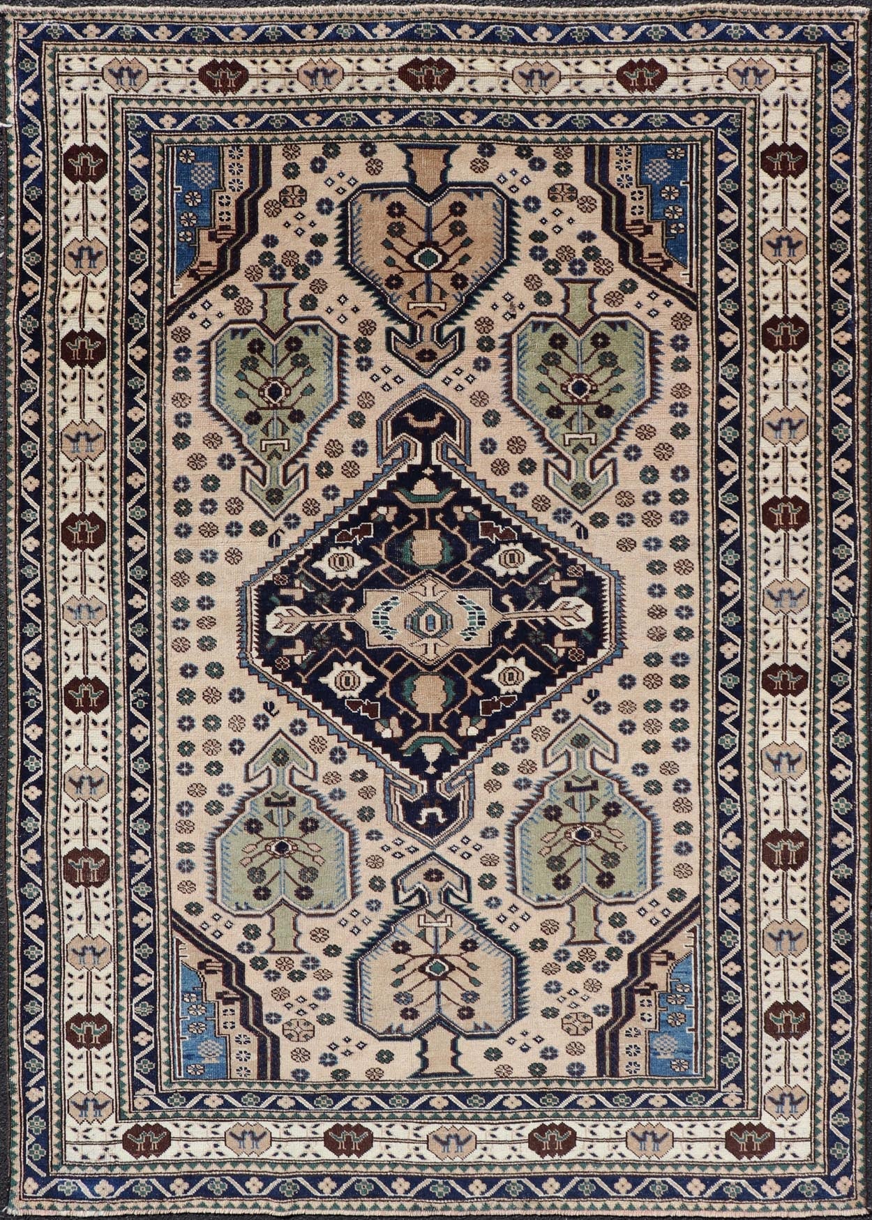 Antique Caucasian Shirvan Rug in Blue, Green, and Cream with Tribal Design. Keivan Woven Arts / rug EMB - 22186 - 15067, country of origin / type: Caucasus / Kazak, circa late - 19th Century. Measures: 4'8 x 6'8 The field of this Caucasian piece featu... - Keivan Woven ArtsEMB - 22186 - 15067 - 20625Rug