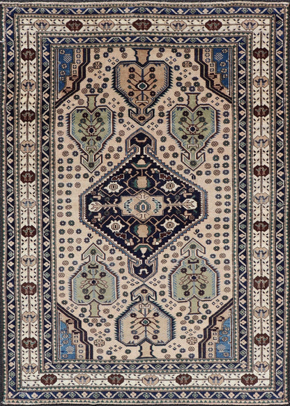Antique Caucasian Shirvan Rug in Blue, Green, and Cream with Tribal Design. Keivan Woven Arts / rug EMB - 22186 - 15067, country of origin / type: Caucasus / Kazak, circa late - 19th Century. Measures: 4'8 x 6'8 The field of this Caucasian piece featu... - Keivan Woven ArtsEMB - 22186 - 15067 - 20625Rug